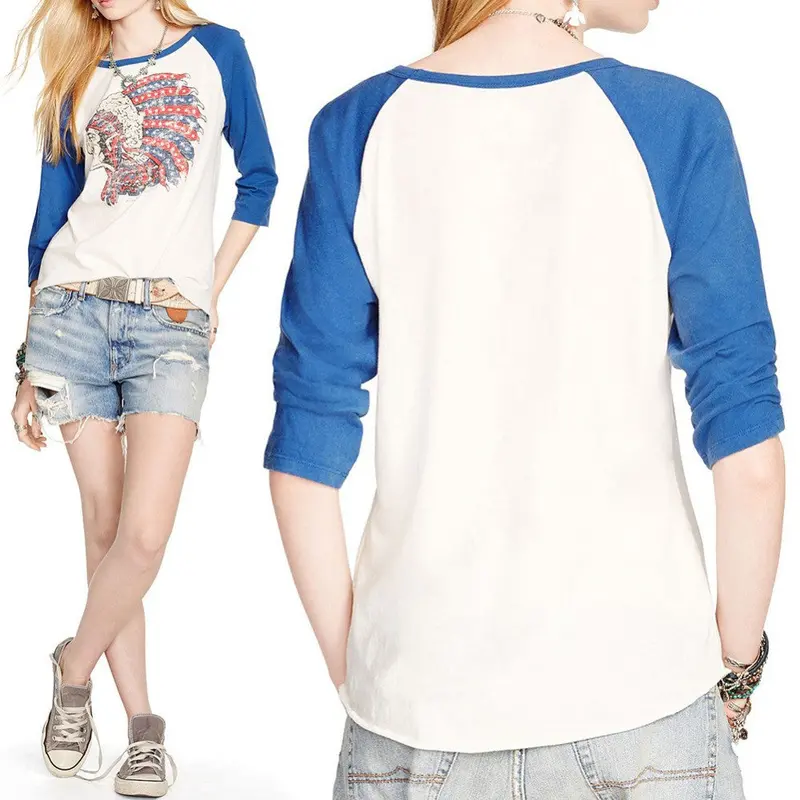 Casual Women Shirts Street Style T Shirt Three Quarter Sleeve Indiana Chief Print Colorful Tops Cotton Graphic Tops Tee 3