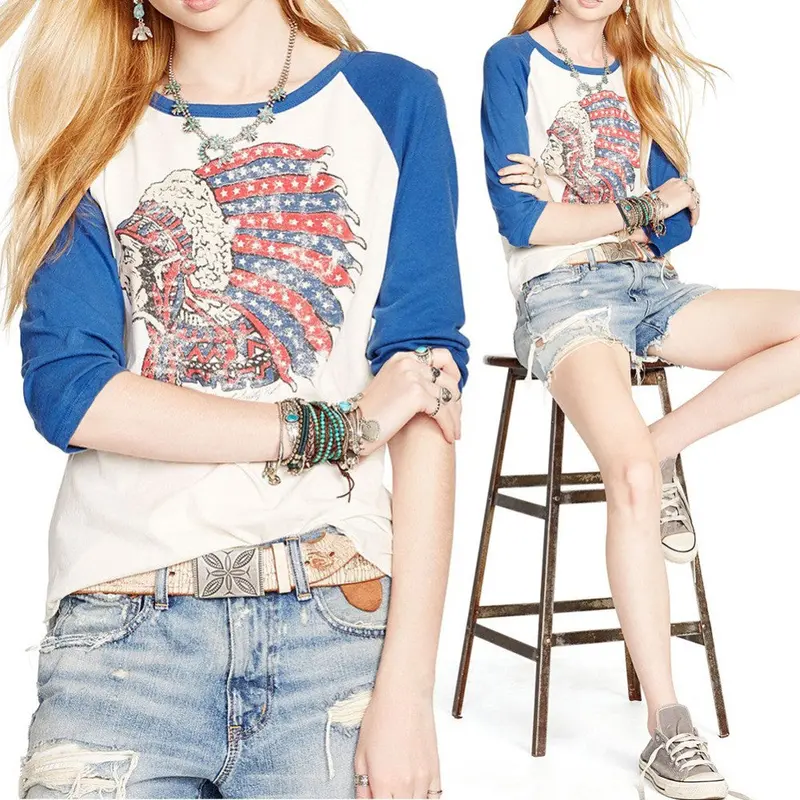 Casual Women Shirts Street Style T Shirt Three Quarter Sleeve Indiana Chief Print Colorful Tops Cotton Graphic Tops Tee 4