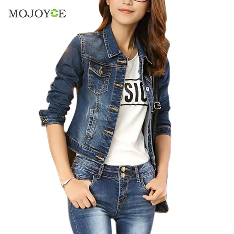 Casual Women Short Jean Jackets Blue Slim Pockets Button Jeans Coat Bomber Jacket Long Sleeve Coat Slim Denim Jacket Outerwear 1