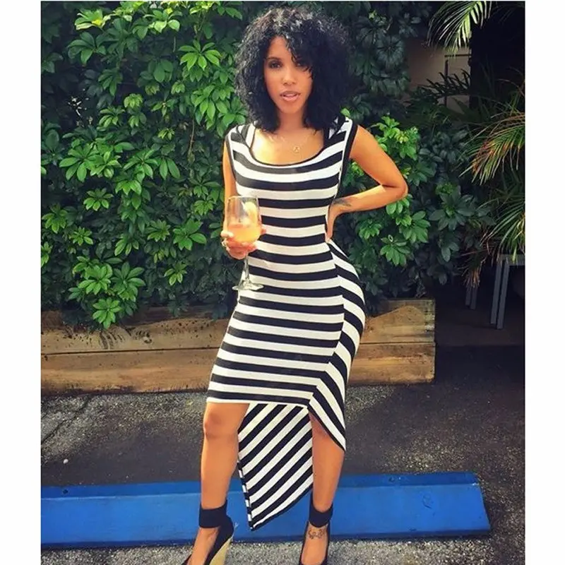 Casual Women Stripes Dress Style Printing Dress Round Neck Sleeveless Irregular Vestidos 1
