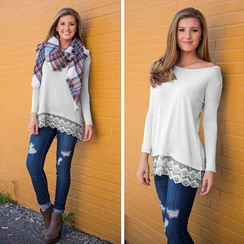 Casual Women Tops Loose T Shirt Long Sleeve Lace Patchwork Women's T Shirt Plus Size Women Clothing Top Tees 1