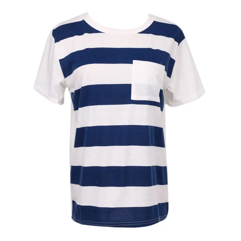 Casual Womens Striped Pocket T-Shirt Fashion Round-Neck Short Sleeve Loose Cotton Blended T-Shirt Tops Tee Crop Top 4