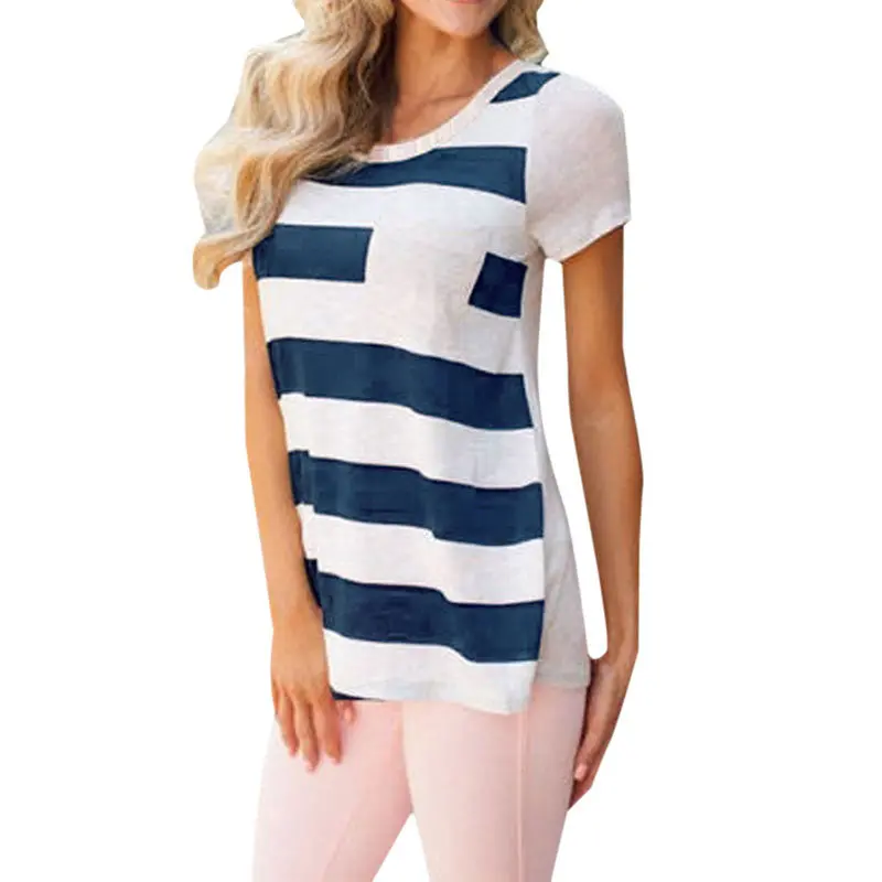 Casual Womens Striped Pocket T-Shirt Fashion Round-Neck Short Sleeve Loose Cotton Blended T-Shirt Tops Tee Crop Top 4