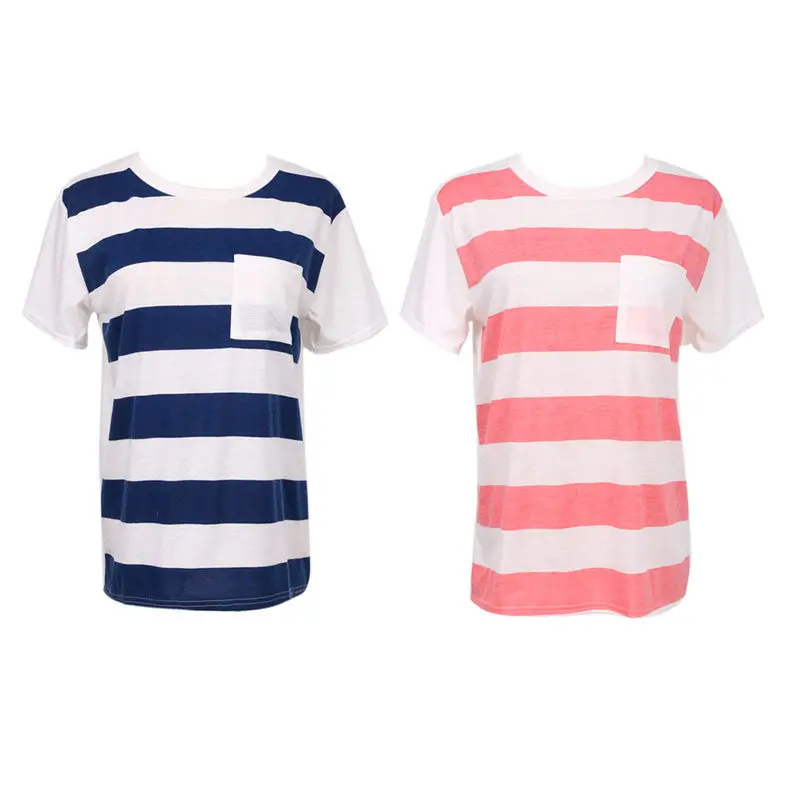 Casual Womens Striped Pocket T-Shirt Fashion Round-Neck Short Sleeve Loose Cotton Blended T-Shirt Tops Tee Crop Top 5