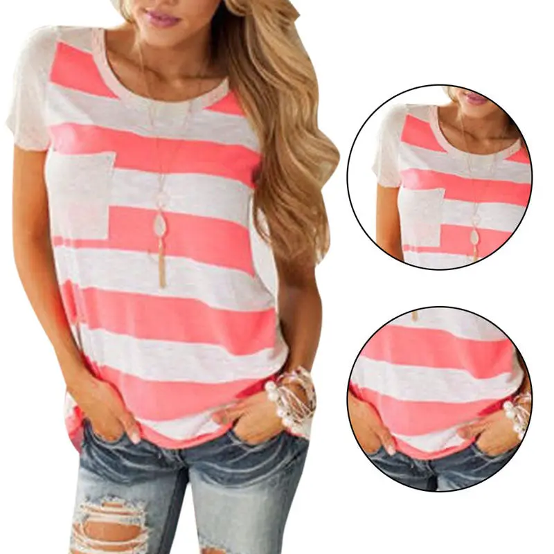 Casual Womens Striped Pocket T-Shirt Fashion Round-Neck Short Sleeve Loose Cotton Blended T-Shirt Tops Tee Crop Top 6