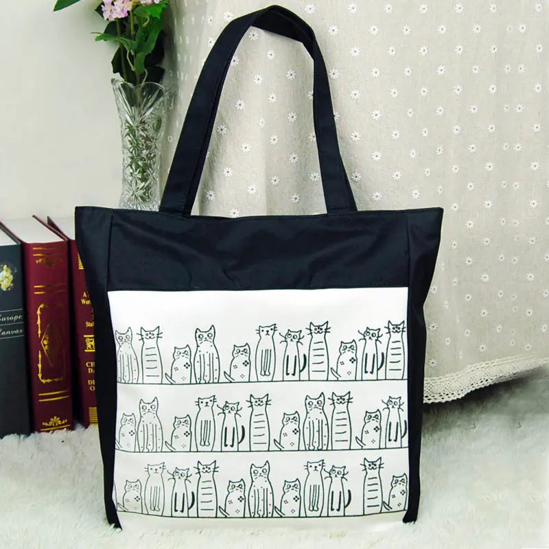 Cat Bag Bolsos Femenina Handbag Design Women's Bag Canvas Cartoon Print Girls Shopping Shoulder Beach Bags 1