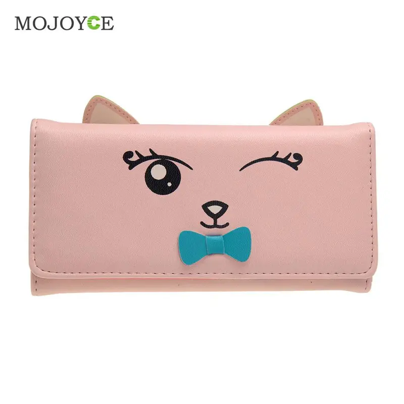 Cat Ears Pu Women Leather Wallet Cartoon Cat Print Id Credit Card Holder Coin Purses Long Brand Designer Bifold Purse Bolsa 1