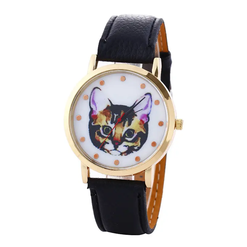 Cat Printed Women Men Fashion Leather Band Analog Quartz Vogue Wrist Watches Watch 1