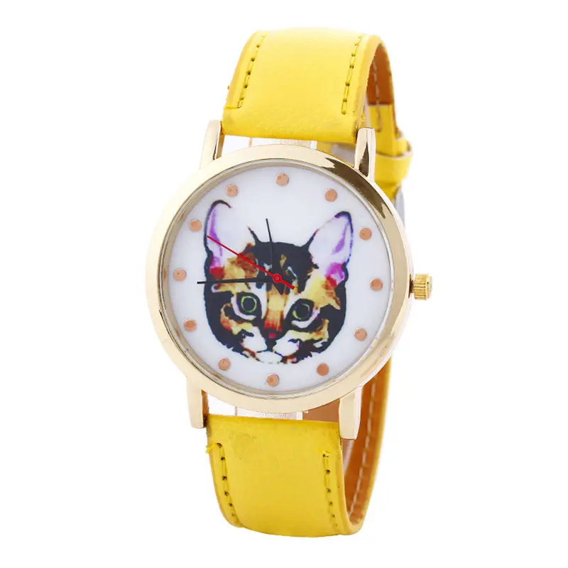 Cat Printed Women Men Fashion Leather Band Analog Quartz Vogue Wrist Watches Watch 10