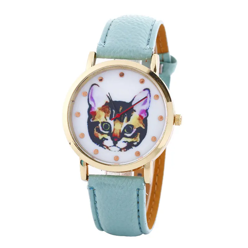 Cat Printed Women Men Fashion Leather Band Analog Quartz Vogue Wrist Watches Watch 4
