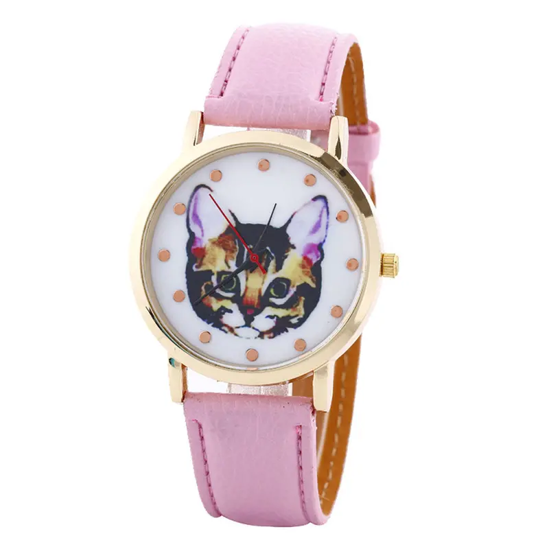 Cat Printed Women Men Fashion Leather Band Analog Quartz Vogue Wrist Watches Watch 5