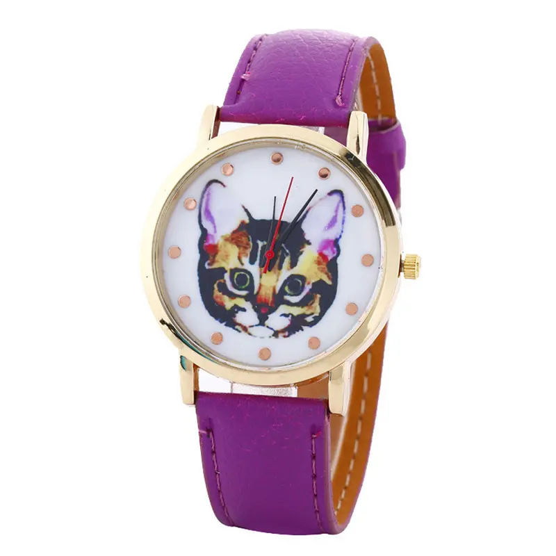 Cat Printed Women Men Fashion Leather Band Analog Quartz Vogue Wrist Watches Watch 6