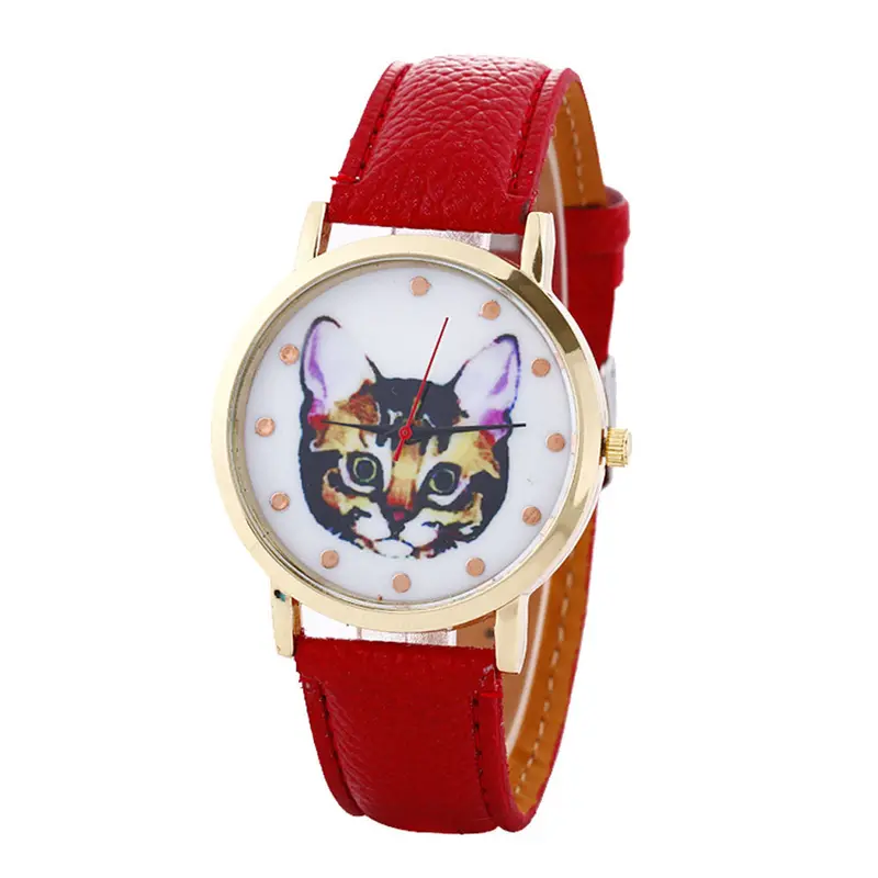 Cat Printed Women Men Fashion Leather Band Analog Quartz Vogue Wrist Watches Watch 7