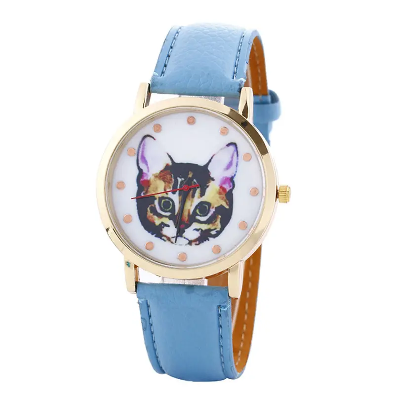 Cat Printed Women Men Fashion Leather Band Analog Quartz Vogue Wrist Watches Watch 8
