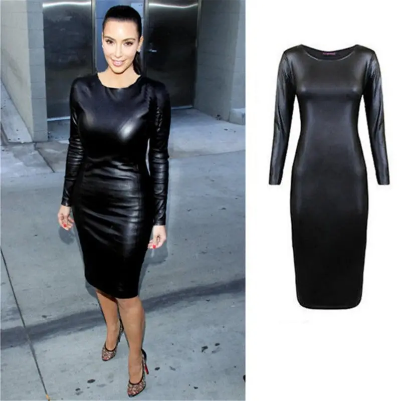 Celebrity Sexy Black Faux Leather Dresswomen Long Sleeve Pu Leather Bodycon Dress Sexy Club Dress Party For Women Xxl 1