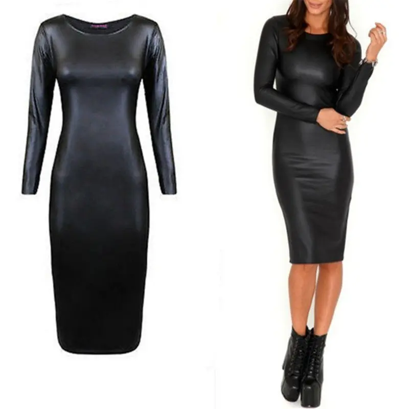 Celebrity Sexy Black Faux Leather Dresswomen Long Sleeve Pu Leather Bodycon Dress Sexy Club Dress Party For Women Xxl 2