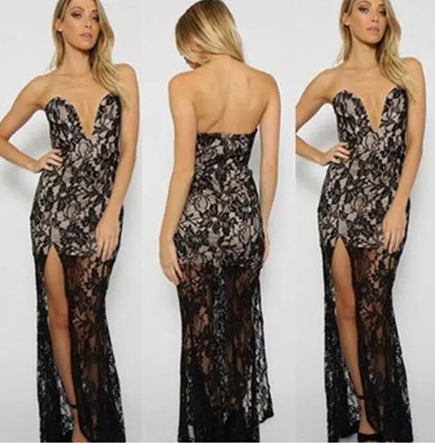 Celebrity Style Women Sexy Floral Crochet Sheer Lace Dress Deep V Strapless Slit Bodycon Maxi Dress Elegant Prom Party Dresses 1