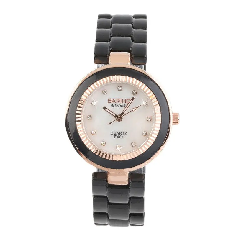 Ceramic Band Classic Dial Quartz Round Wrist Watchgirls With Blackwhite Color 1