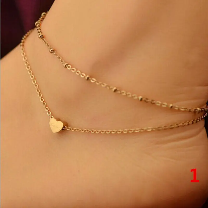 Charm Chaine Anklet Bracelet Little Star Double Heart Ankles Chain Silver Gold Beach Foot Bracelet Jewelry For Women Girl Gift 6