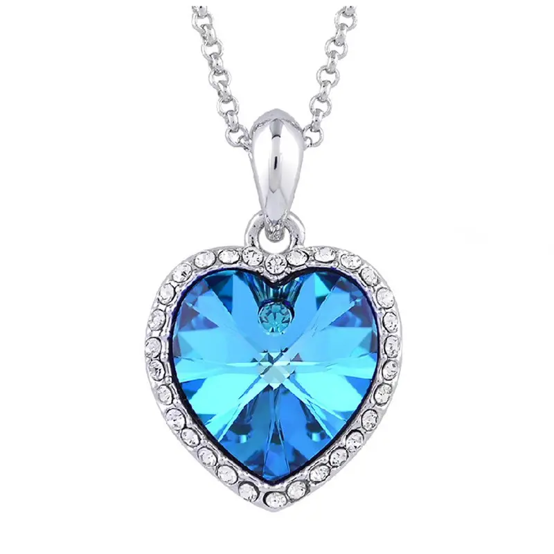 Charm Rhinestone Crystal Heart Titanic Necklace Pendant Vintage Necklace Sky Blue 1