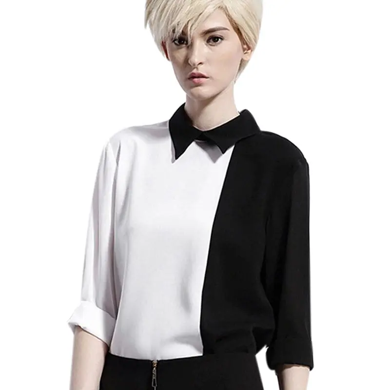 Charming Women Casual Turn-Down Collar Black White Contrast Collared Shirt 1