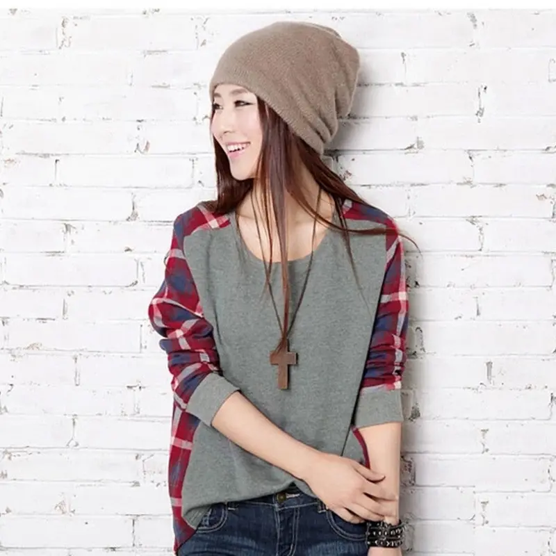 Checked Long Sleeve Sweatshirts Casual Loose Tops Blouse O Neck Pulloverfast 1