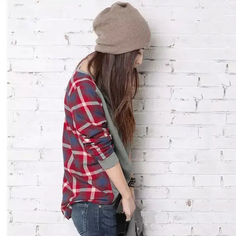 Checked Long Sleeve Sweatshirts Casual Loose Tops Blouse O Neck Pulloverfast 2