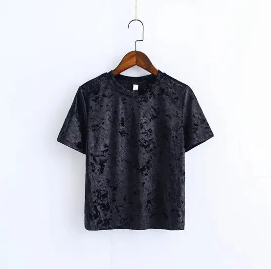 Chic Back Slit Short Sleeve Velour T Shirt Woman Solid Color O Neck Velvet Tee Tops 7 Color 1