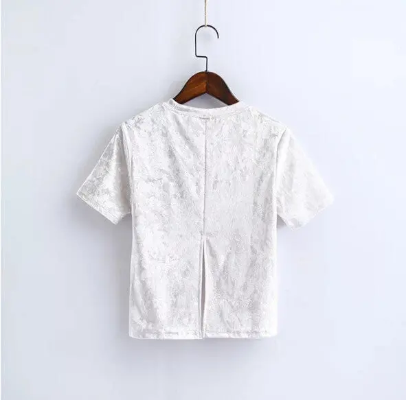 Chic Back Slit Short Sleeve Velour T Shirt Woman Solid Color O Neck Velvet Tee Tops 7 Color 10