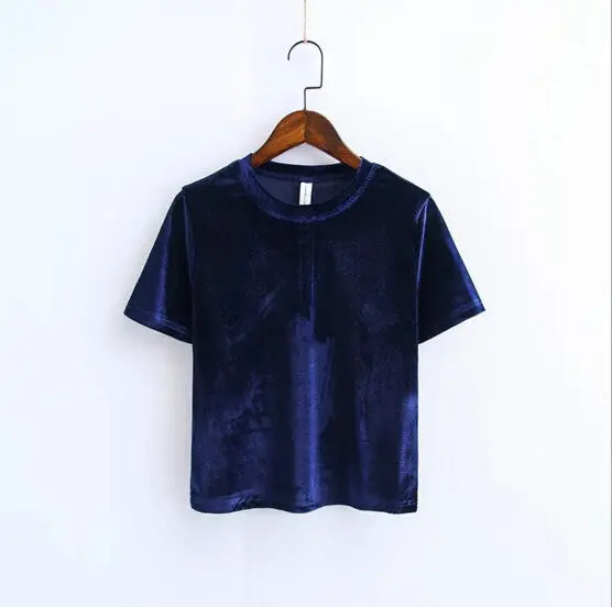 Chic Back Slit Short Sleeve Velour T Shirt Woman Solid Color O Neck Velvet Tee Tops 7 Color 13