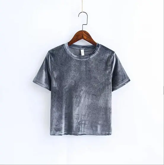 Chic Back Slit Short Sleeve Velour T Shirt Woman Solid Color O Neck Velvet Tee Tops 7 Color 3