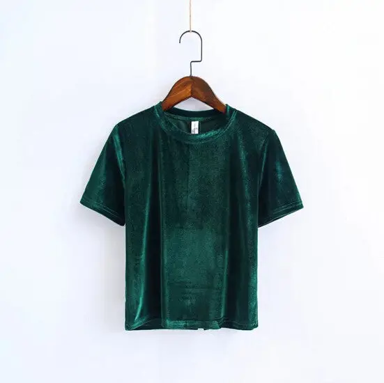 Chic Back Slit Short Sleeve Velour T Shirt Woman Solid Color O Neck Velvet Tee Tops 7 Color 7
