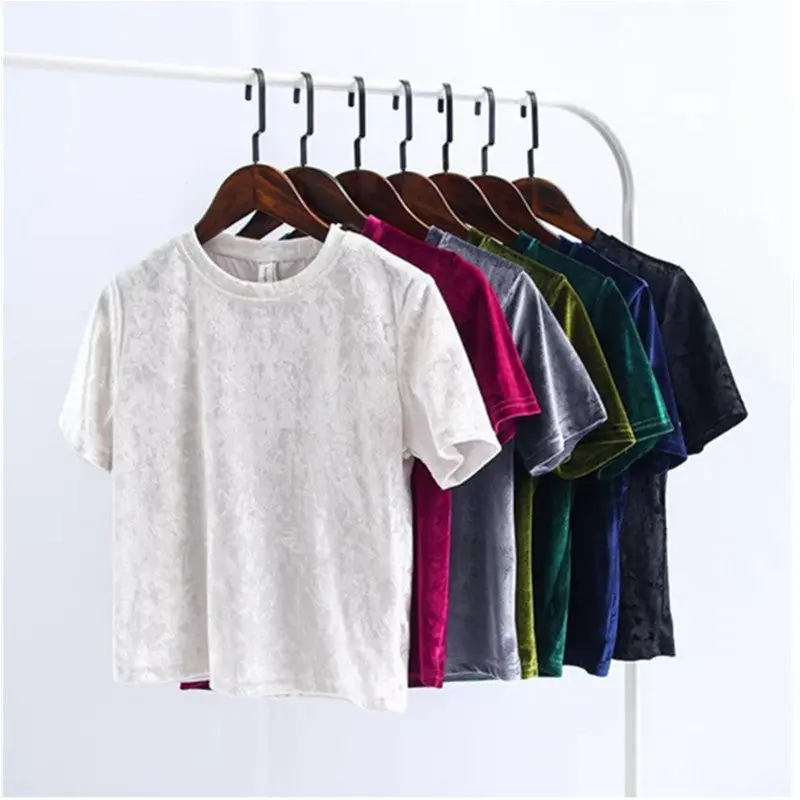 Chic Back Slit Short Sleeve Velour T Shirt Woman Solid Color O Neck Velvet Tee Tops 7 Color 8