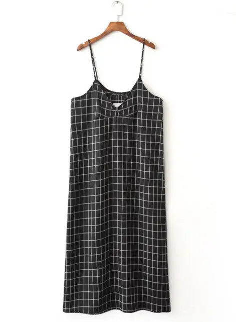 Chic Black White Plaid Print Spaghetti Strap Dress Woman V Neck Straight Sleeveless Long Dresses Femme 1