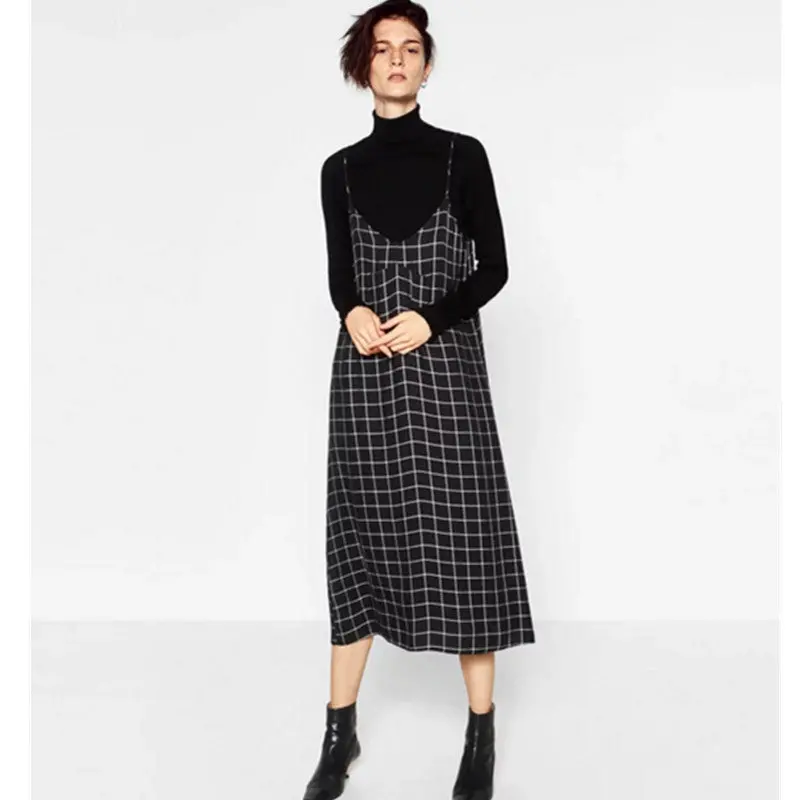 Chic Black White Plaid Print Spaghetti Strap Dress Woman V Neck Straight Sleeveless Long Dresses Femme 2