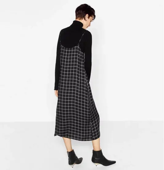 Chic Black White Plaid Print Spaghetti Strap Dress Woman V Neck Straight Sleeveless Long Dresses Femme 3