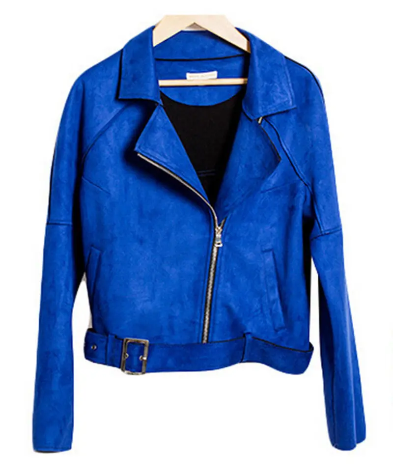 Chic Blue Suede Leather Short Motorcycle Biker Jacket Women's Lapel Zipper Wide-Waisted Loose Coat Outerwear Tops 1