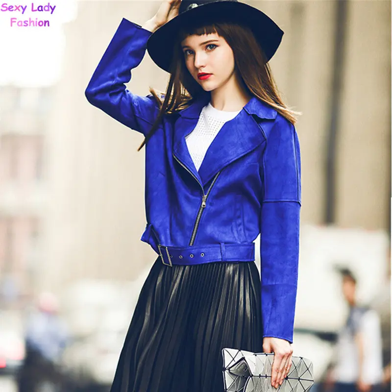 Chic Blue Suede Leather Short Motorcycle Biker Jacket Women's Lapel Zipper Wide-Waisted Loose Coat Outerwear Tops 2