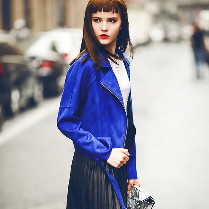Chic Blue Suede Leather Short Motorcycle Biker Jacket Women's Lapel Zipper Wide-Waisted Loose Coat Outerwear Tops 3