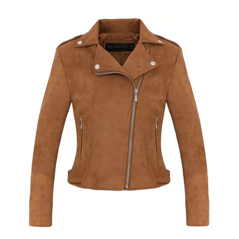 Chic Brown Epaulet Faux Suede Jacket Women Short Motorcycle Biker Jacket Lapel Zipper Loose Coat Outerwear 2