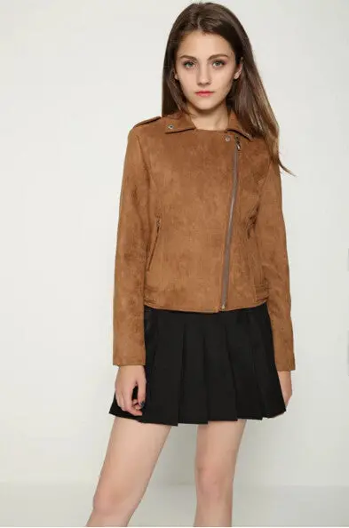 Chic Brown Epaulet Faux Suede Jacket Women Short Motorcycle Biker Jacket Lapel Zipper Loose Coat Outerwear 3