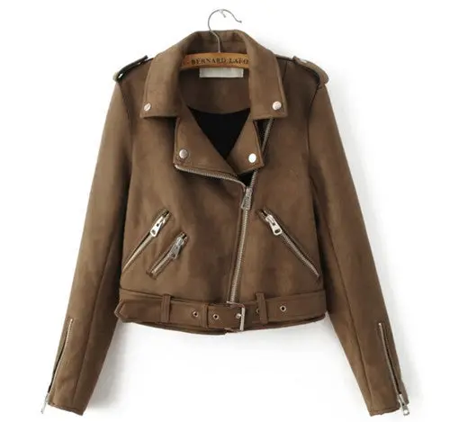 Chic Brown Faux Suede Jacket Women Short Motorcycle Biker Jacket Lapel Zipper Adjustable Waist Loose Coat Outerwear 1