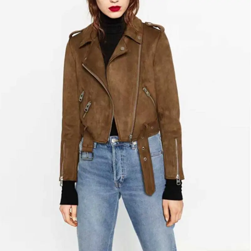 Chic Brown Faux Suede Jacket Women Short Motorcycle Biker Jacket Lapel Zipper Adjustable Waist Loose Coat Outerwear 2
