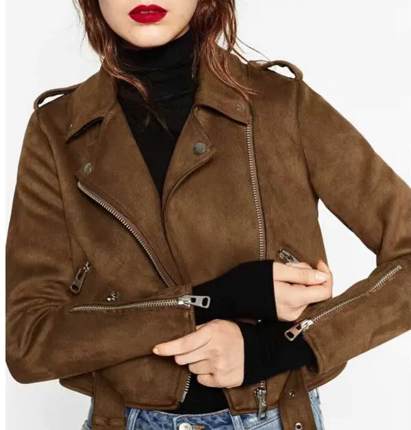 Chic Brown Faux Suede Jacket Women Short Motorcycle Biker Jacket Lapel Zipper Adjustable Waist Loose Coat Outerwear 3