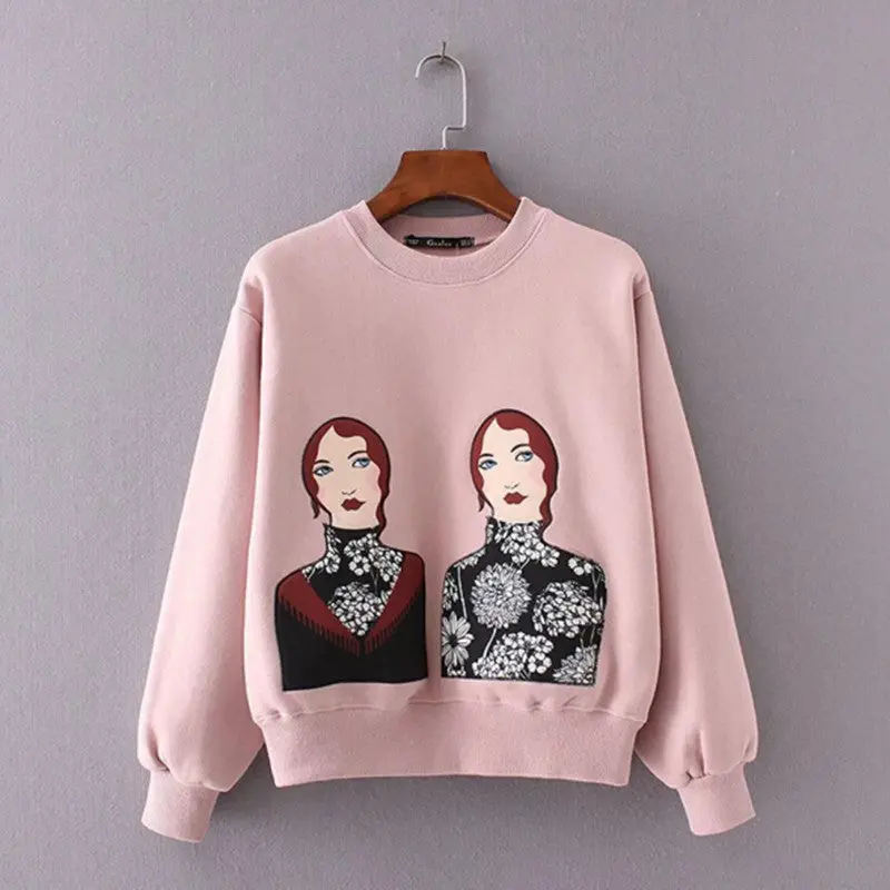 Chic Character Print Sweatshirt Woman Long Sleeve O Neck Fleece Hoodies Sweats Jumpers Femme Pullovers 3 Colors 1