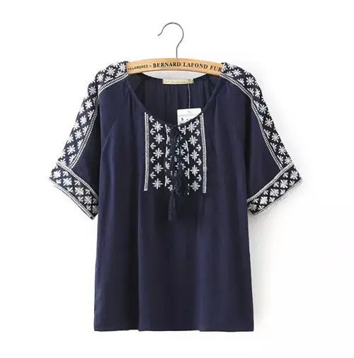 Chic Embroidery Floral Streamer Strappy O Neck Pullover Shirt Women Ethnic Cotton Short Sleeve Shirt Blouse Tops 1