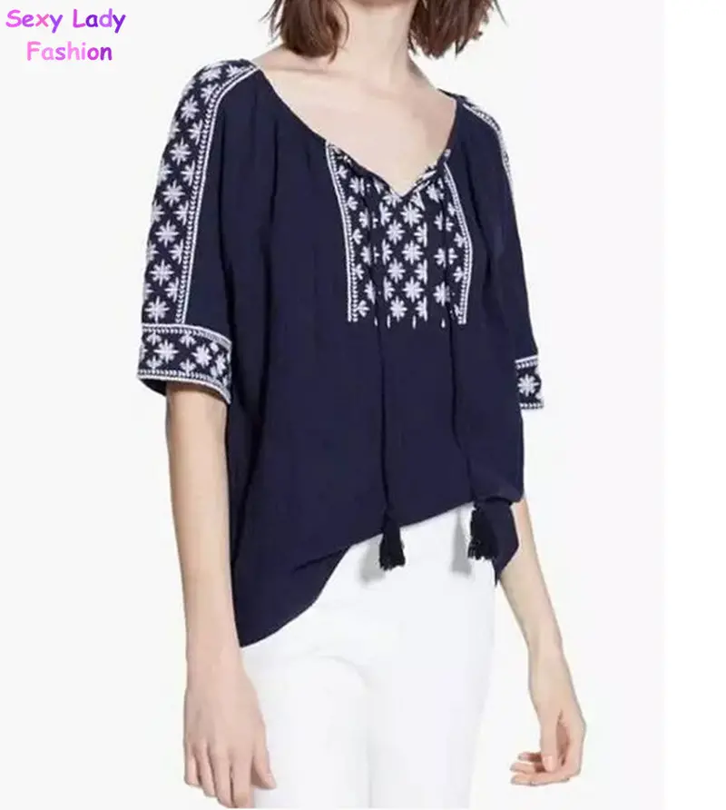 Chic Embroidery Floral Streamer Strappy O Neck Pullover Shirt Women Ethnic Cotton Short Sleeve Shirt Blouse Tops 3