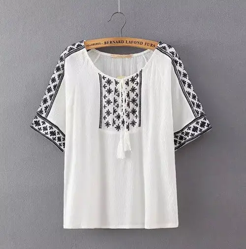 Chic Embroidery Floral Streamer Strappy O Neck Pullover Shirt Women Ethnic Cotton Short Sleeve Shirt Blouse Tops 4
