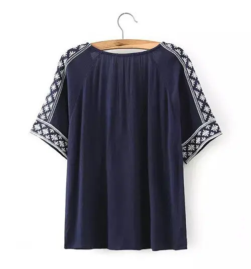 Chic Embroidery Floral Streamer Strappy O Neck Pullover Shirt Women Ethnic Cotton Short Sleeve Shirt Blouse Tops 6