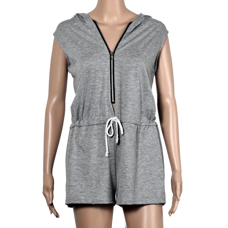 Chic Jumpsuit Romper Women Zipper Sleeveless Hoody V Neck Ladies Clothing Plus Size Short Beach Casual Playsuit 4